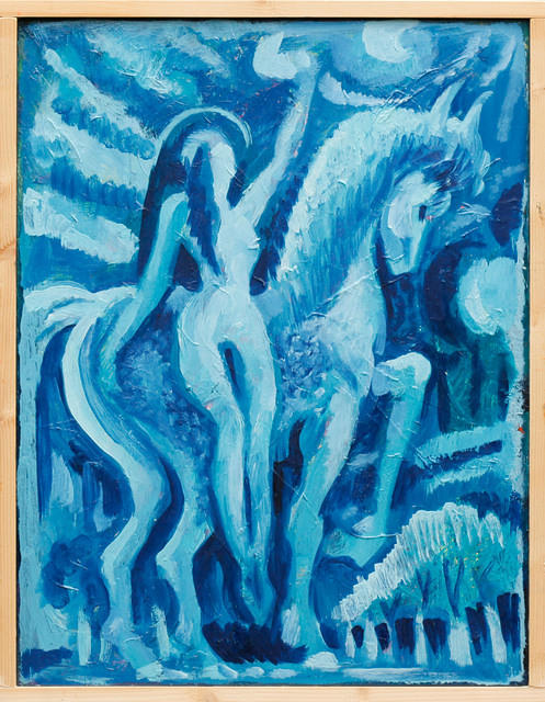 Vrouw en paard in blauw