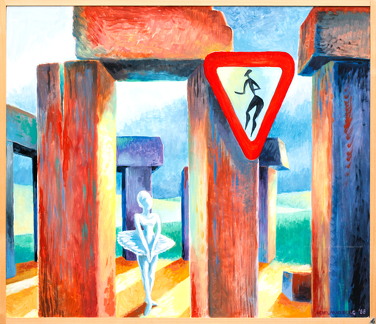 Balletdanseres met verkeersbord in Stonehenge